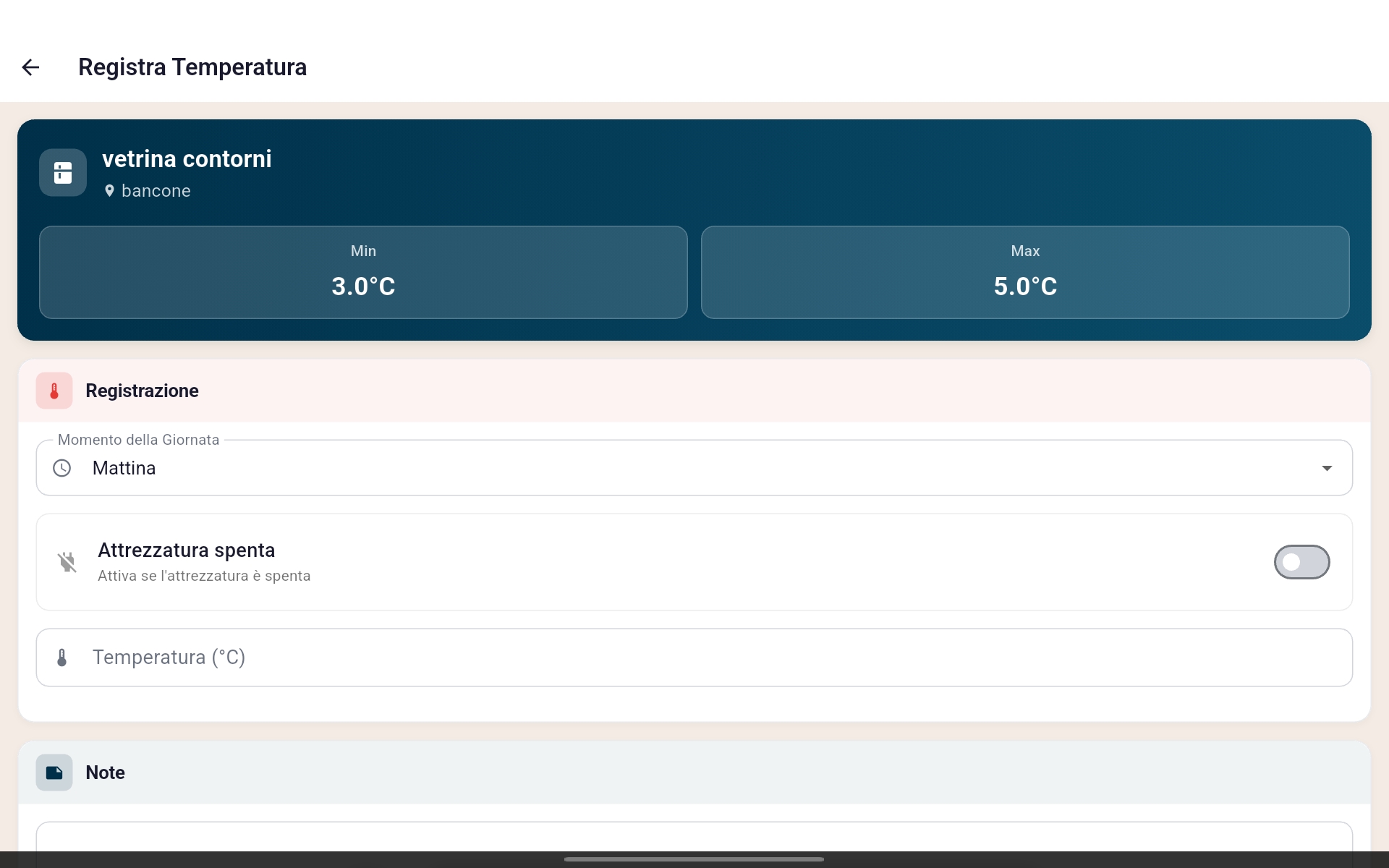 Schermata registrazione temperature