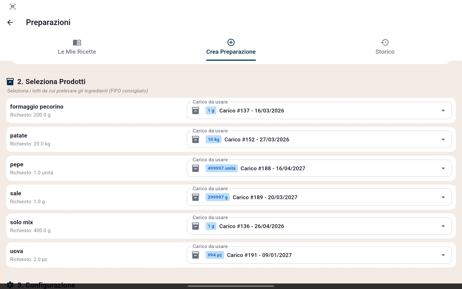 Creazione preparazione da ricetta selezionata