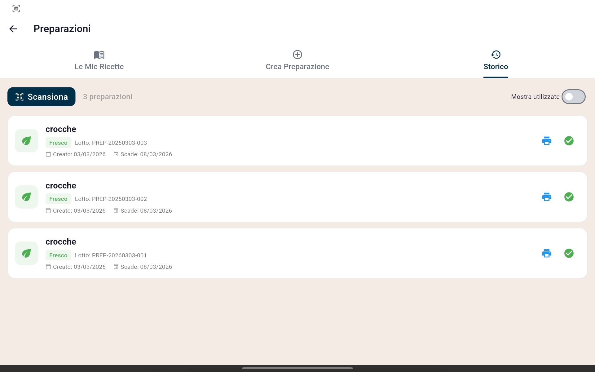 Storico preparazioni con ricerca e filtri